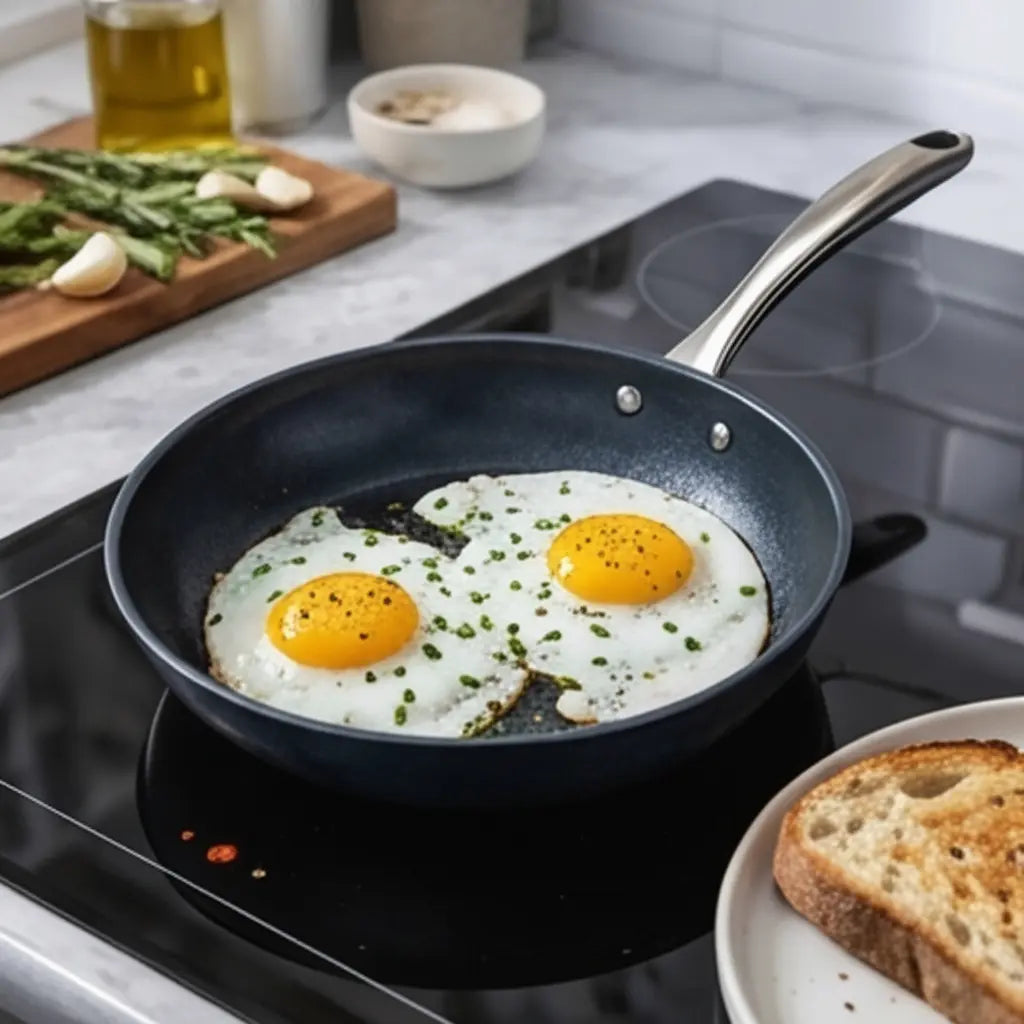 Alva Carbon Steel Frying Pan with two sunny-side eggs and chopped herbs on Tampa Home & Garden Store