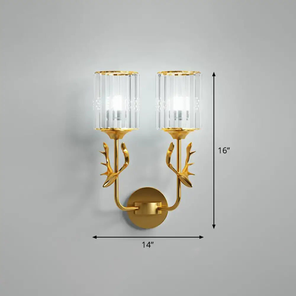 Gold antler double-sconce with crystal glass shades, wall-mounted lighting 16in tall on Tampa Home & Garden Store
