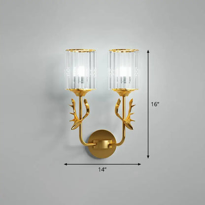 Gold antler double-sconce with crystal glass shades, wall-mounted lighting 16in tall on Tampa Home & Garden Store