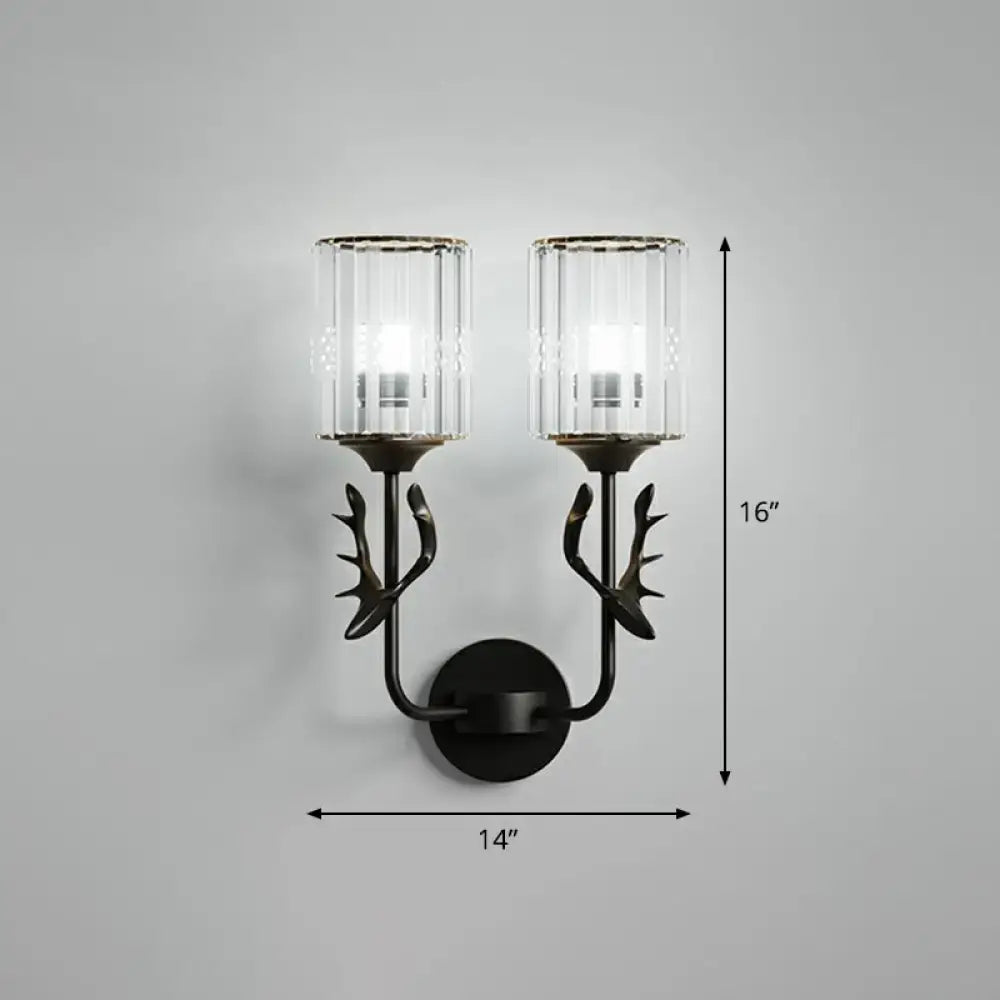 Black antler crystal sconce, dual candle-style lights with ribbed glass shades, 16in tall on Tampa Home & Garden Store