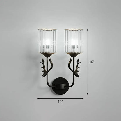 Black antler crystal sconce, dual candle-style lights with ribbed glass shades, 16in tall on Tampa Home & Garden Store