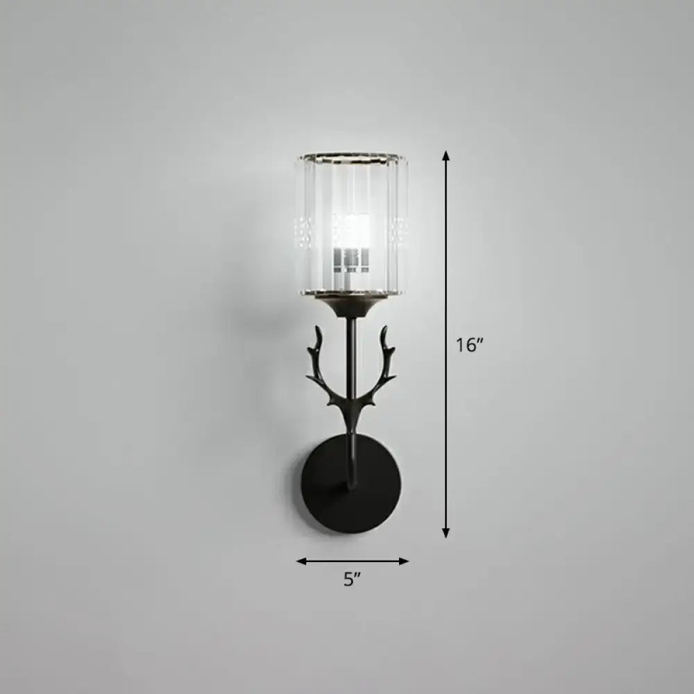 Black Antler Crystal Sconce with clear glass cylinder shade and black metal antlers, wall mount on Tampa Home & Garden Store
