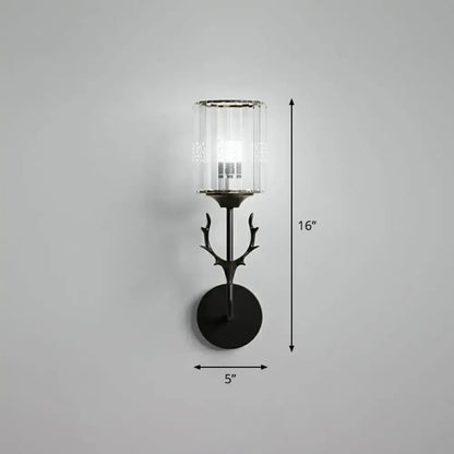 Black Antler Crystal Sconce with clear glass cylinder shade and black metal antlers, wall mount on Tampa Home & Garden Store
