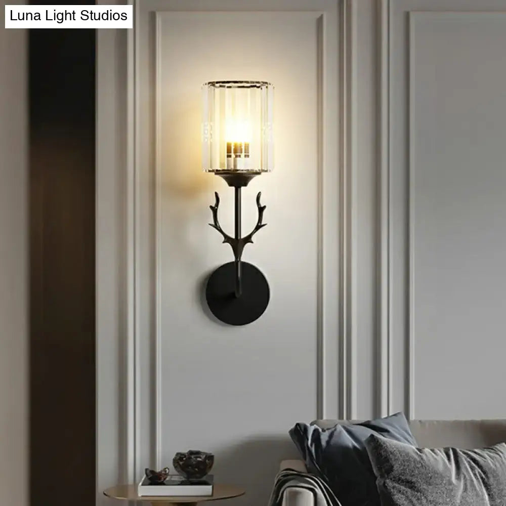 Black Antler Crystal Sconce by Decorbites, black metal antler wall mount with glass shade on Tampa Home & Garden Store