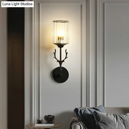 Black Antler Crystal Sconce by Decorbites, black metal antler wall mount with glass shade on Tampa Home & Garden Store