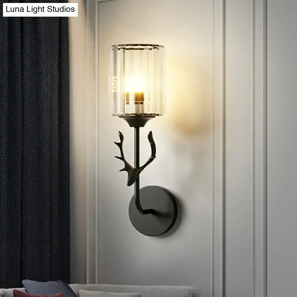 Black Antler Crystal Sconce by Decorbites with glass shade and curved metal arm on Tampa Home & Garden Store