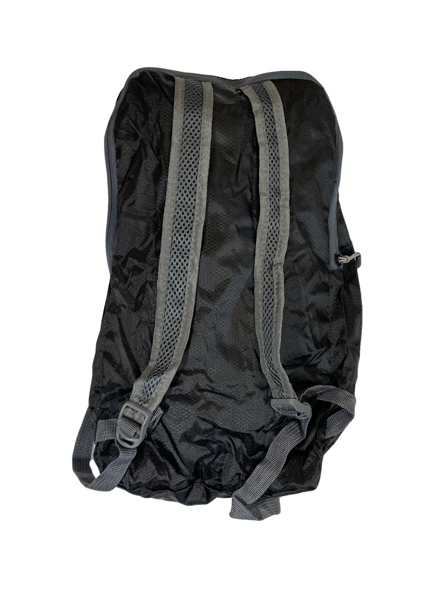 Black polyester day pack with gray mesh padded shoulder straps back view on Tampa Home & Garden Store