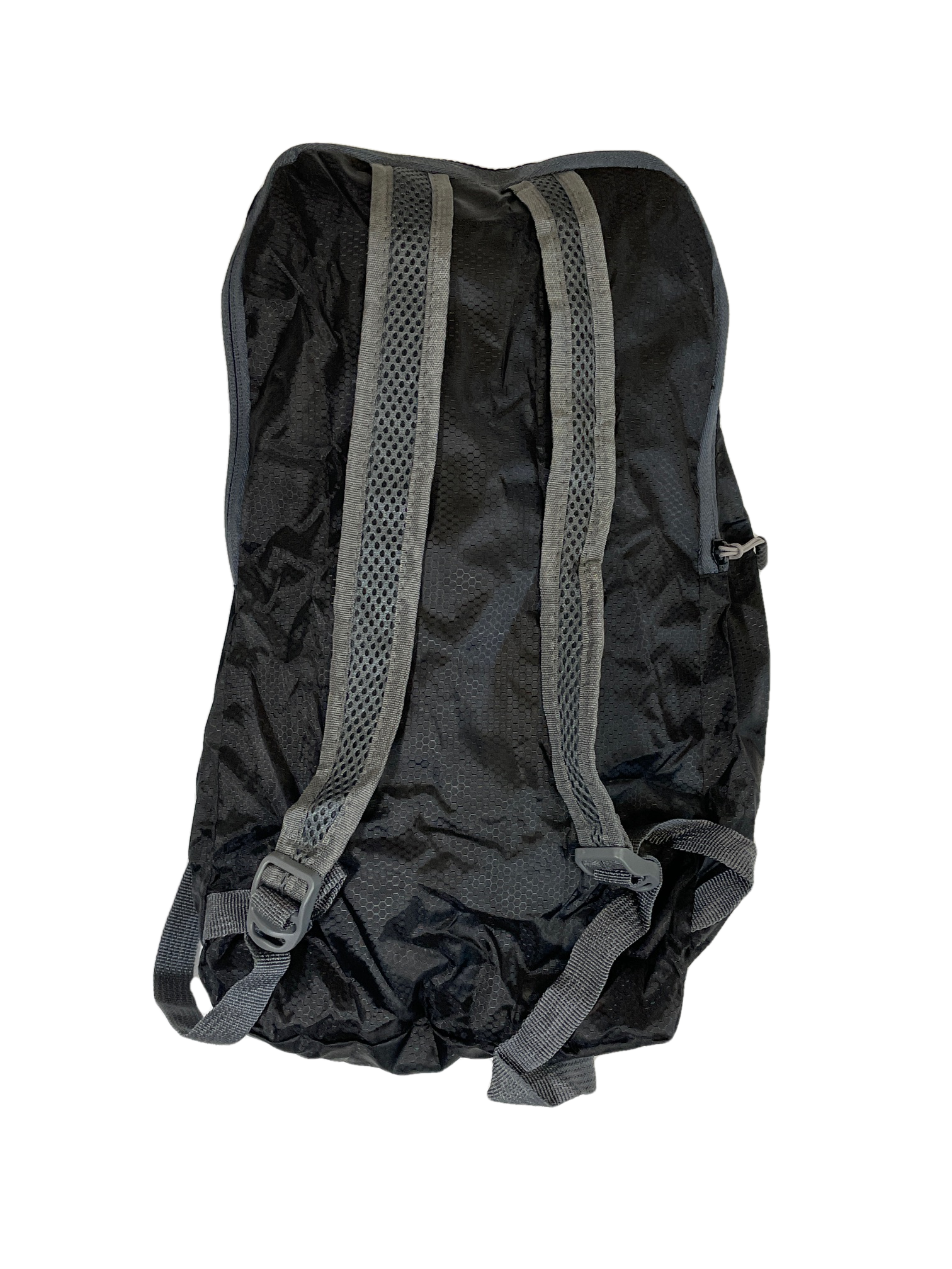 Black polyester day pack with gray mesh padded shoulder straps back view on Tampa Home & Garden Store