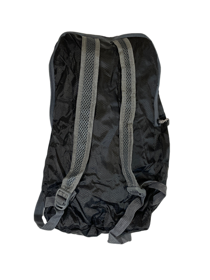 Black polyester day pack with gray mesh padded shoulder straps back view on Tampa Home & Garden Store