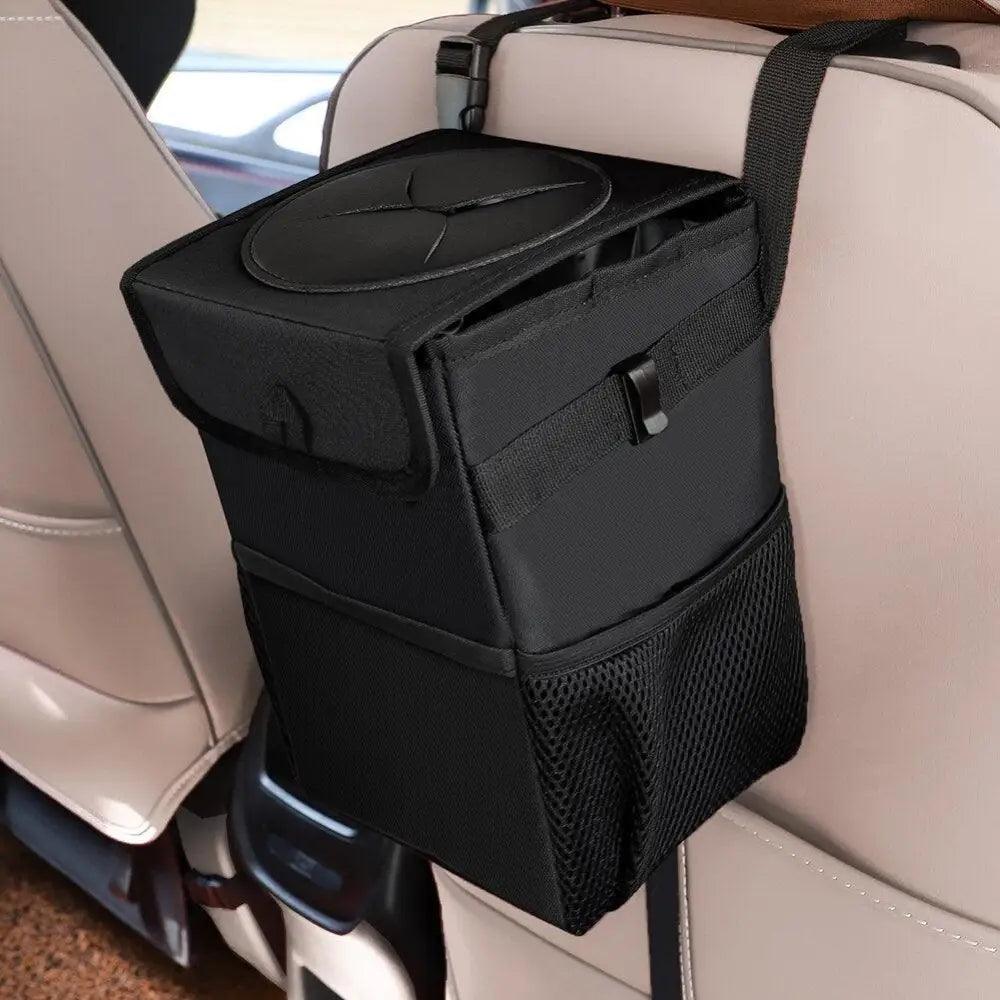 Stevvex black car trash can hanging seat-back organizer with lid, waterproof fabric mesh pocket on Tampa Home & Garden Store