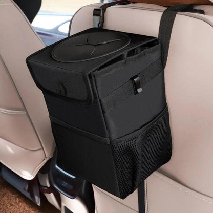 Stevvex black car trash can hanging seat-back organizer with lid, waterproof fabric mesh pocket on Tampa Home & Garden Store