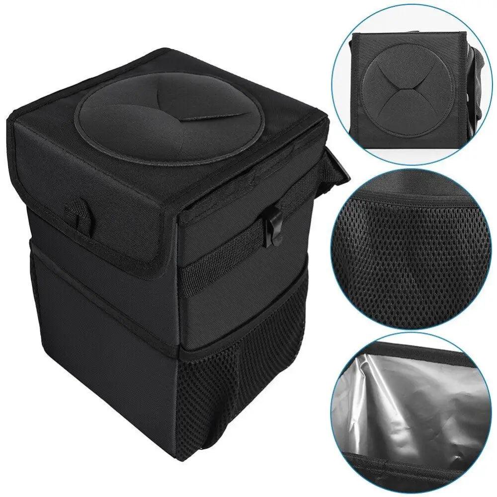 Black Stevvex car trash can hanging seat-back bag with waterproof folding lid and mesh pockets on Tampa Home & Garden Store