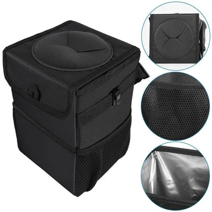 Black Stevvex car trash can hanging seat-back bag with waterproof folding lid and mesh pockets on Tampa Home & Garden Store