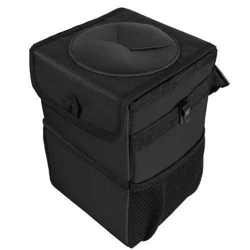 Car trash can hanging seat-back organizer, black with round lid and mesh side pocket Stevvex on Tampa Home & Garden Store