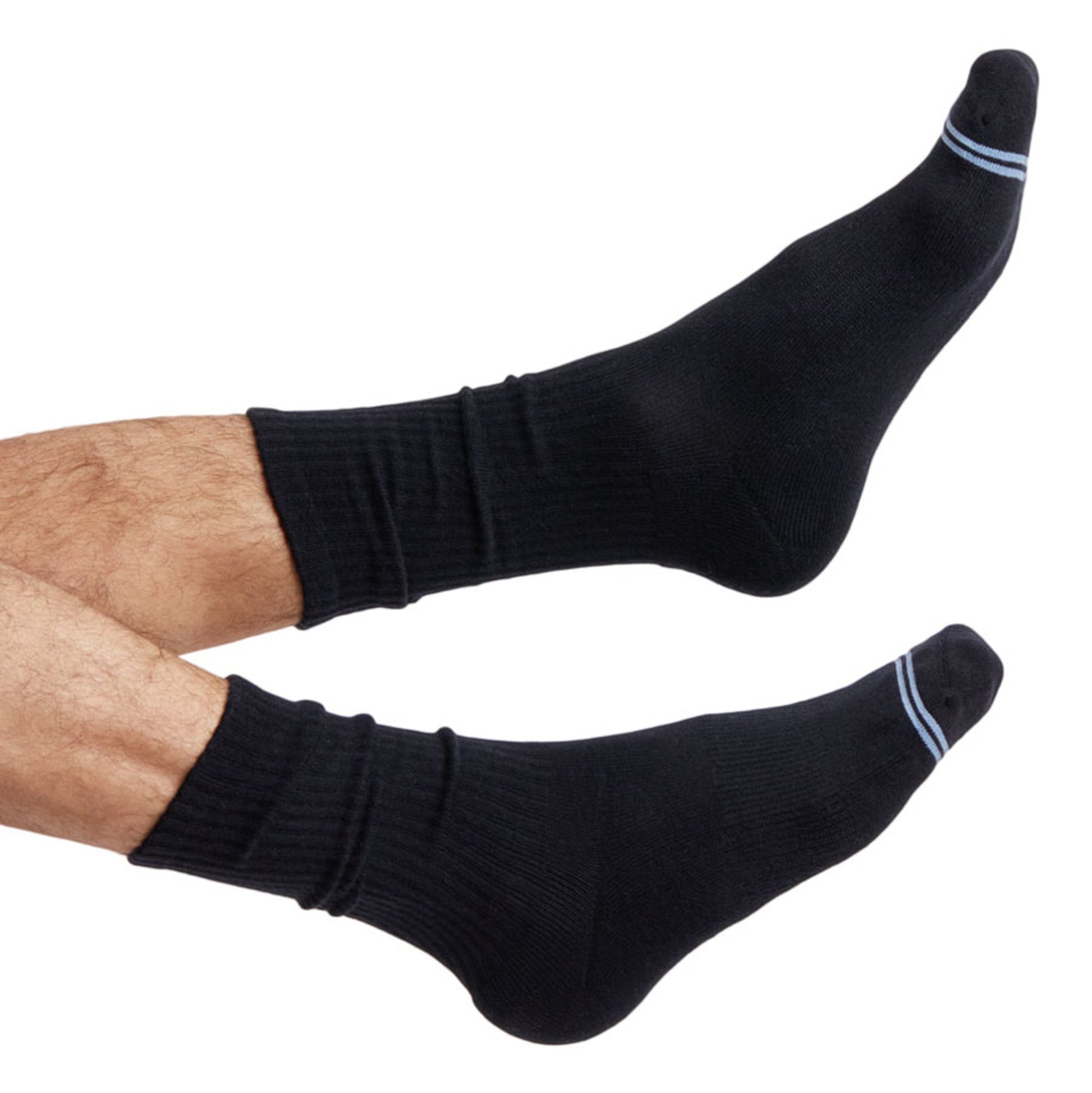 Black casual crew socks with blue stripe cuffs, two shown on Tampa Home & Garden Store