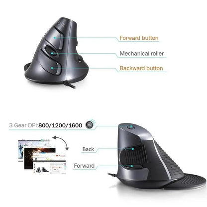 Black Stevvex ergonomic vertical mouse with 6 buttons 600/1000/1600 DPI right-handed wrist mat on Tampa Home & Garden Store