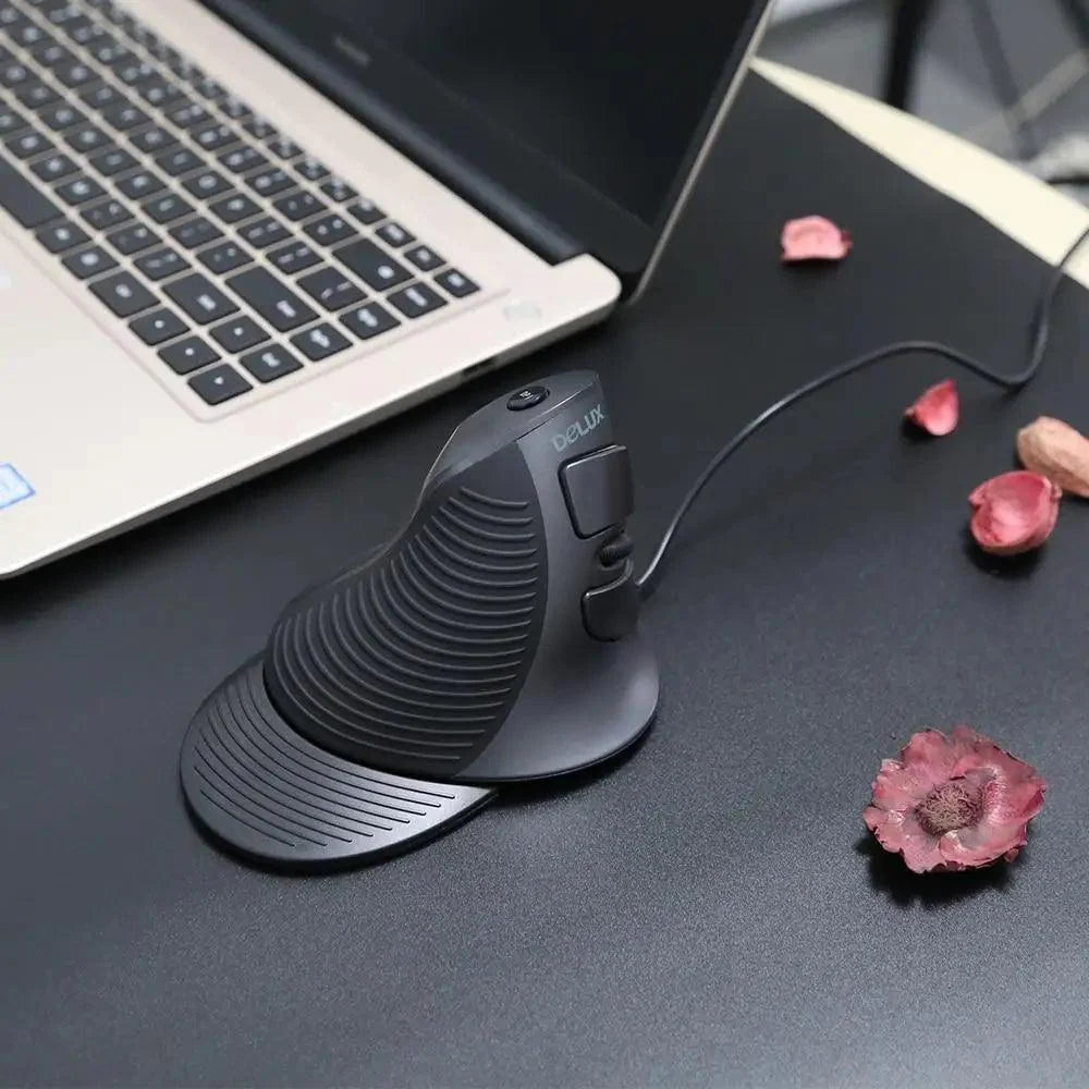 Stevvex black vertical ergonomic right-handed mouse with 6 buttons and wrist mat for PC laptop on Tampa Home & Garden Store