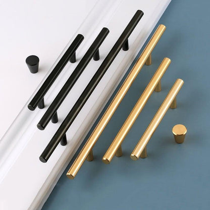 Stevvex set of black and gold brushed stainless steel cabinet handles, cylindrical drawer pulls on Tampa Home & Garden Store