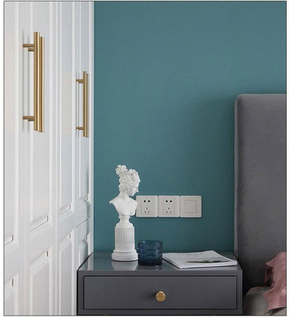 Gold brushed cabinet handles on white built-in wardrobes; two vertical pulls on Tampa Home & Garden Store
