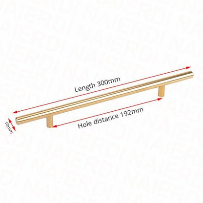 Brushed gold cabinet handle, long tubular pull with two mounting posts, 300mm length on Tampa Home & Garden Store