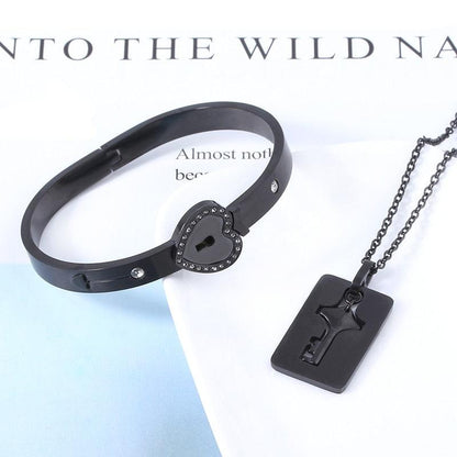 Black heart lock bracelet with rhinestone edging and matching black key pendant necklace on Tampa Home & Garden Store