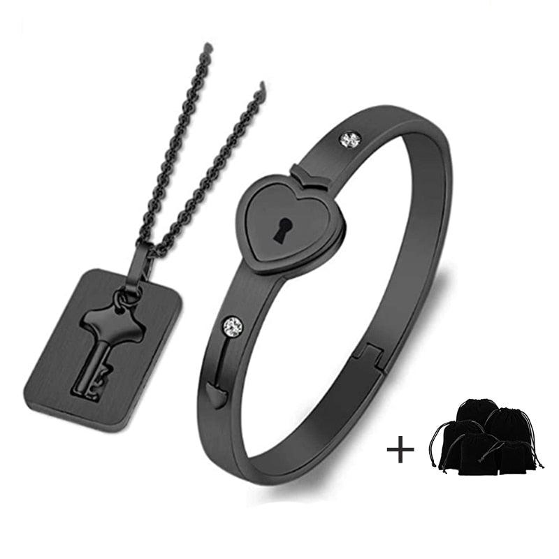 Stevvex black heart lock bracelet and key pendant set, stainless steel, 2pc on Tampa Home & Garden Store