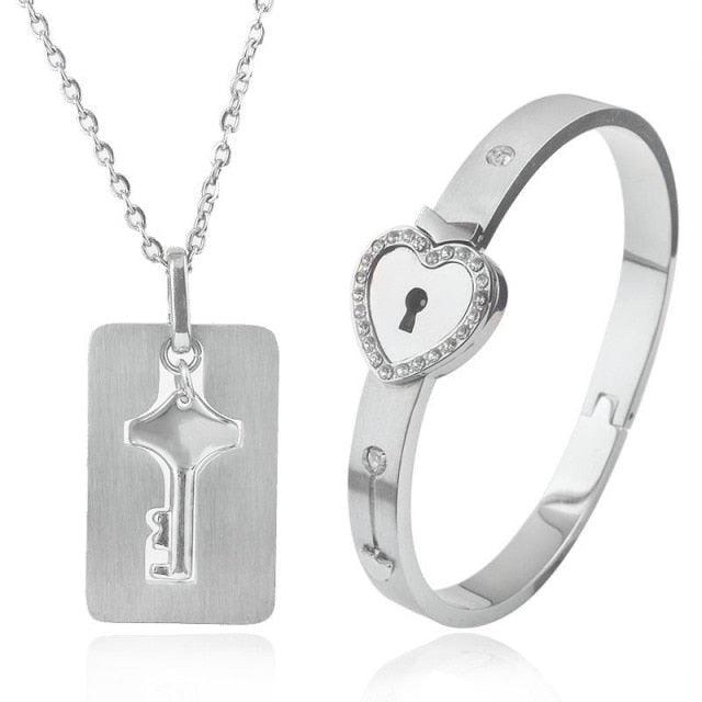 Key pendant necklace and heart lock bracelet set in silver-tone stainless steel, 2-piece on Tampa Home & Garden Store
