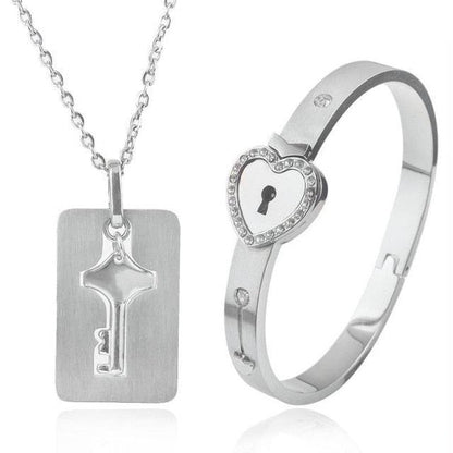 Key pendant necklace and heart lock bracelet set in silver-tone stainless steel, 2-piece on Tampa Home & Garden Store