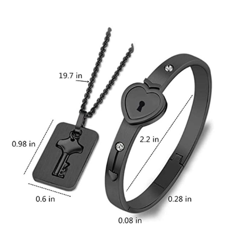 Stevvex black heart-lock bracelet and key-pendant necklace set, stainless steel titanium-plated on Tampa Home & Garden Store