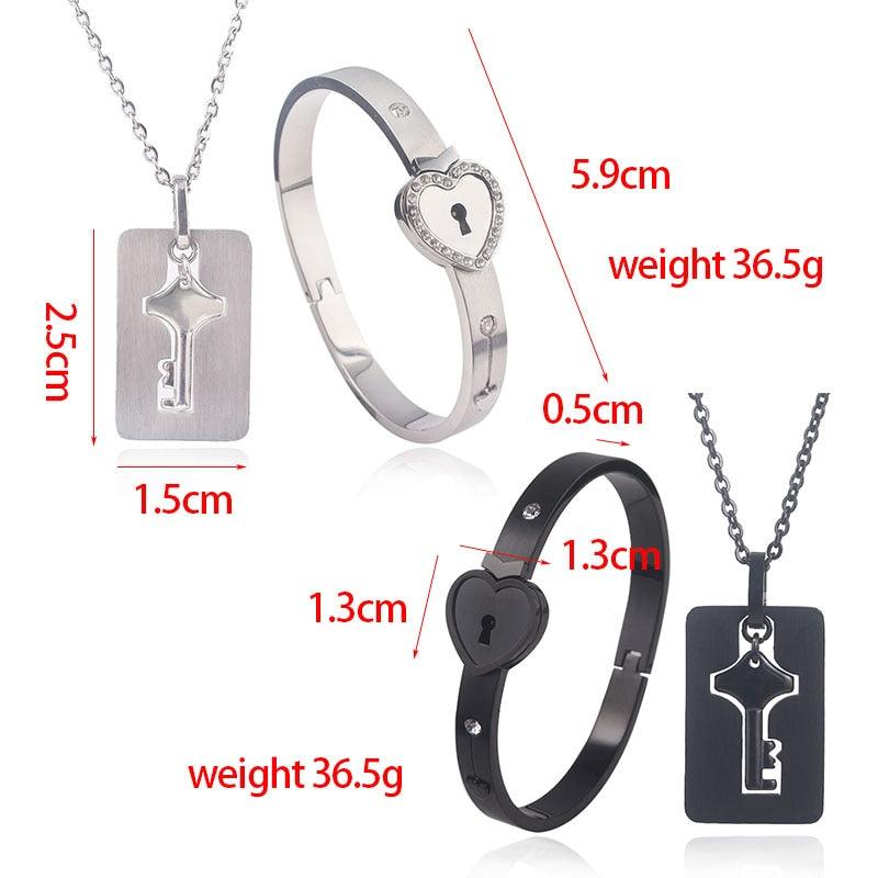 Stevvex two-piece key pendant necklace and heart-lock bracelet set in silver stainless steel on Tampa Home & Garden Store