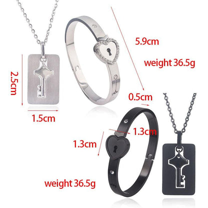 Stevvex two-piece key pendant necklace and heart-lock bracelet set in silver stainless steel on Tampa Home & Garden Store
