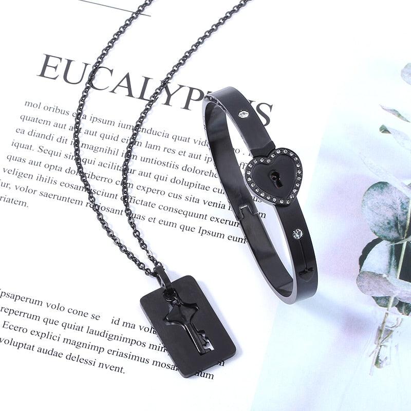 Bracelet and necklace set: black heart lock bracelet with crystals and key pendant on Tampa Home & Garden Store
