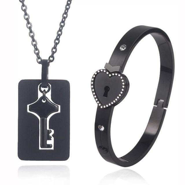 Black heart lock bracelet and key pendant necklace Stevvex, stainless steel couple jewelry on Tampa Home & Garden Store