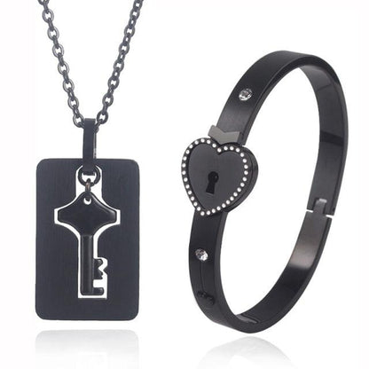 Black heart lock bracelet and key pendant necklace Stevvex, stainless steel couple jewelry on Tampa Home & Garden Store