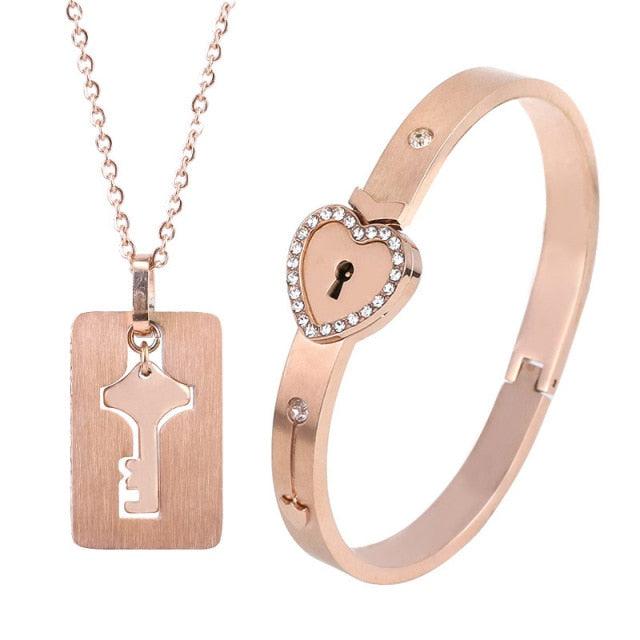 Rose gold-tone heart lock bracelet with rhinestone rim and key pendant necklace on Tampa Home & Garden Store