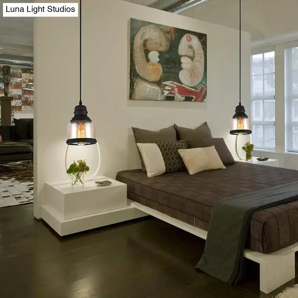 Decorbites industrial black cylinder pendant lighting with clear glass shades, bedroom pair on Tampa Home & Garden Store