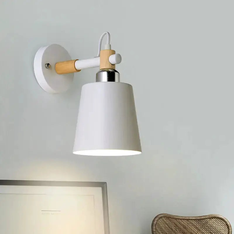 Black Matte Wall Lamp With Empire Shade Wood Arm
