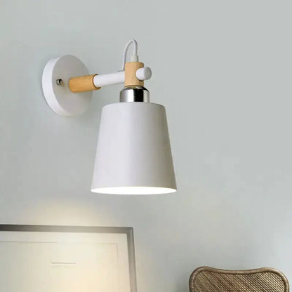 Black Matte Wall Lamp With Empire Shade Wood Arm