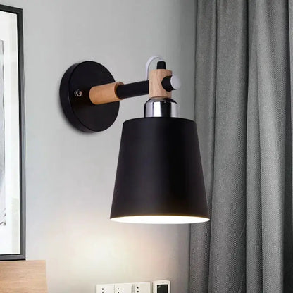 Black Matte Wall Lamp With Empire Shade Wood Arm