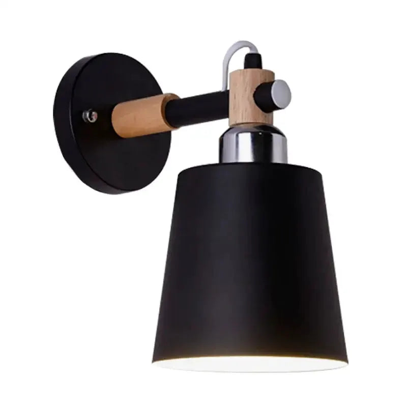 Black Matte Wall Lamp With Empire Shade Wood Arm