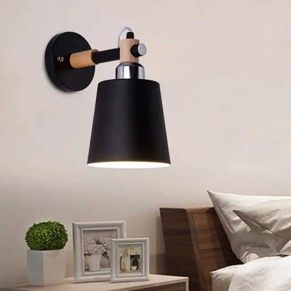 Black Matte Wall Lamp With Empire Shade Wood Arm
