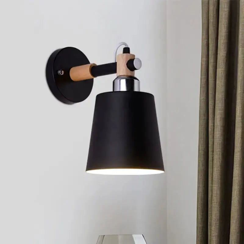 Black Matte Wall Lamp With Empire Shade Wood Arm