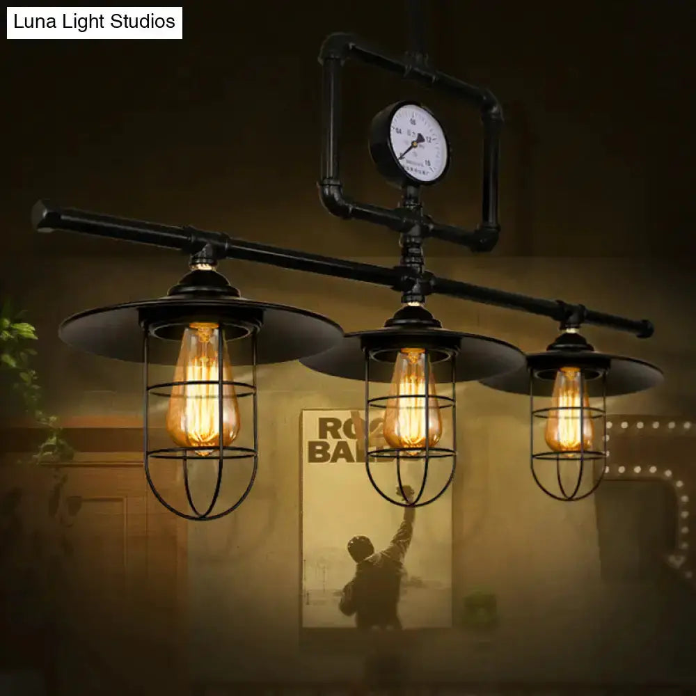 Industrial antiqued black pipe pendant lamp with three Edison bulbs and clock gauge Decorbites on Tampa Home & Garden Store
