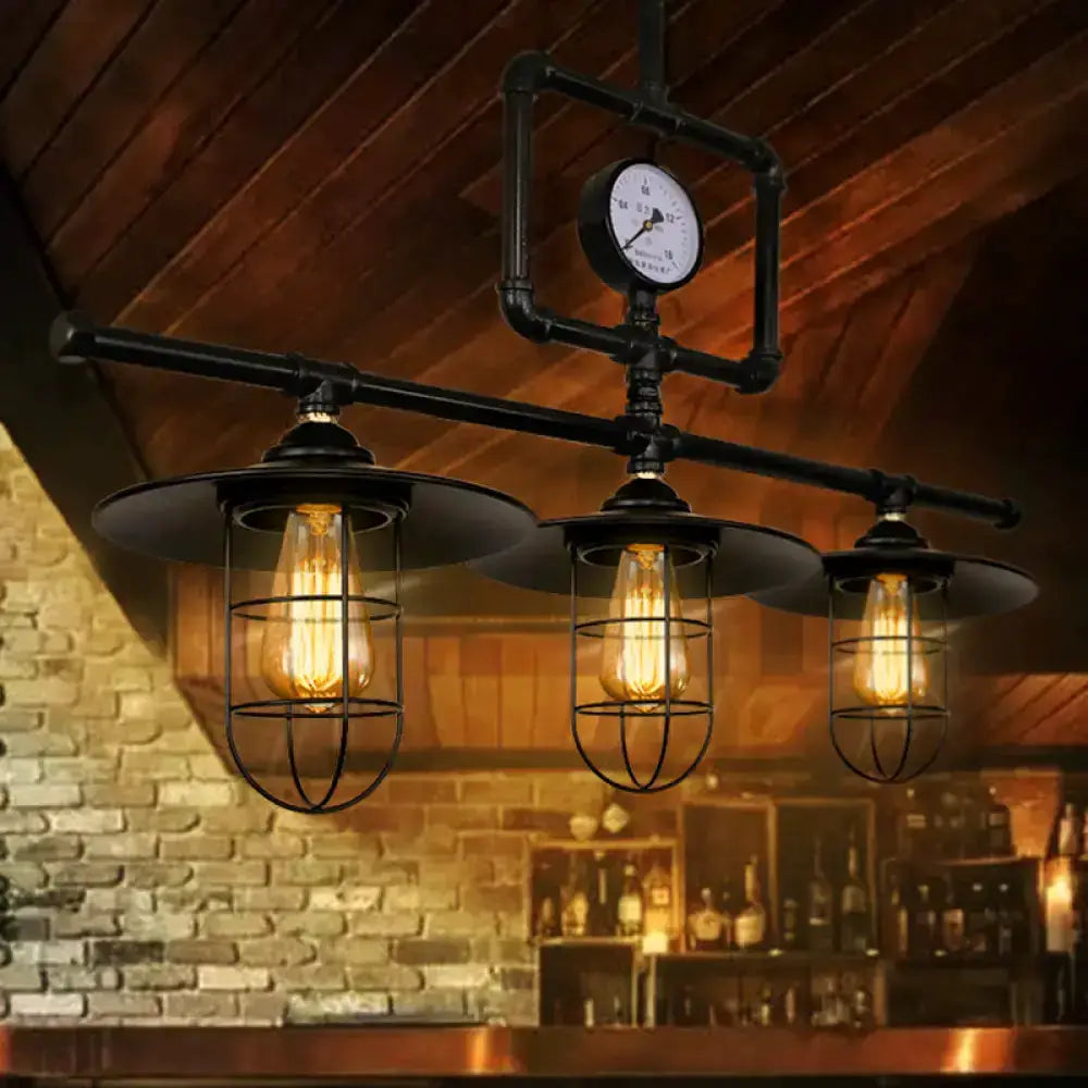 Industrial black pipe pendant lamp with clock, three cage-lit Edison bulbs for dining room on Tampa Home & Garden Store