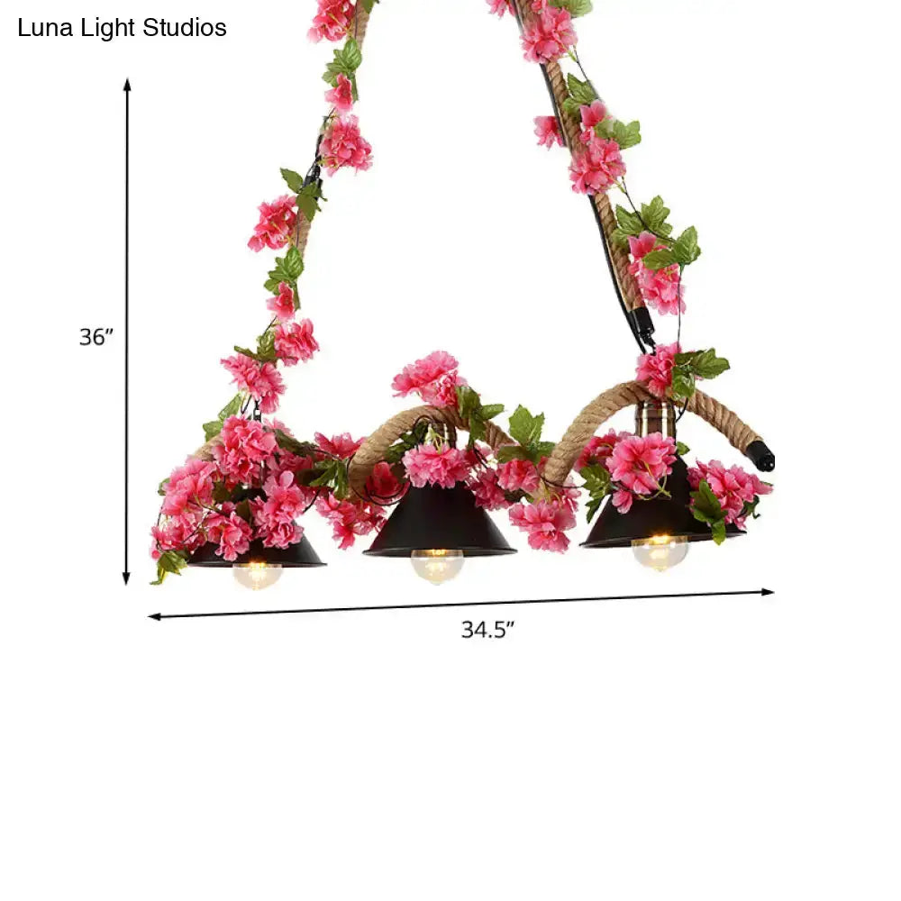 Floral black conical 3-light pendant with twisted rope and pink blossoms for kitchen use on Tampa Home & Garden Store