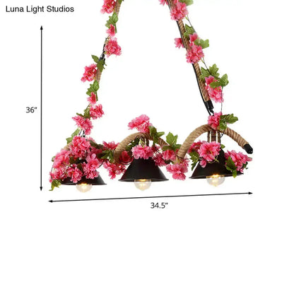 Floral black conical 3-light pendant with twisted rope and pink blossoms for kitchen use on Tampa Home & Garden Store