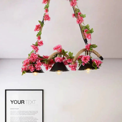 Floral black conical 3-light pendant with twisted rope cords and pink blossoms by Decorbites on Tampa Home & Garden Store