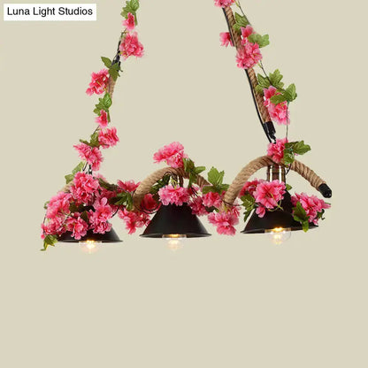 Floral black conical 3-light pendant with rope-wrapped arms and pink blossoms by Decorbites on Tampa Home & Garden Store