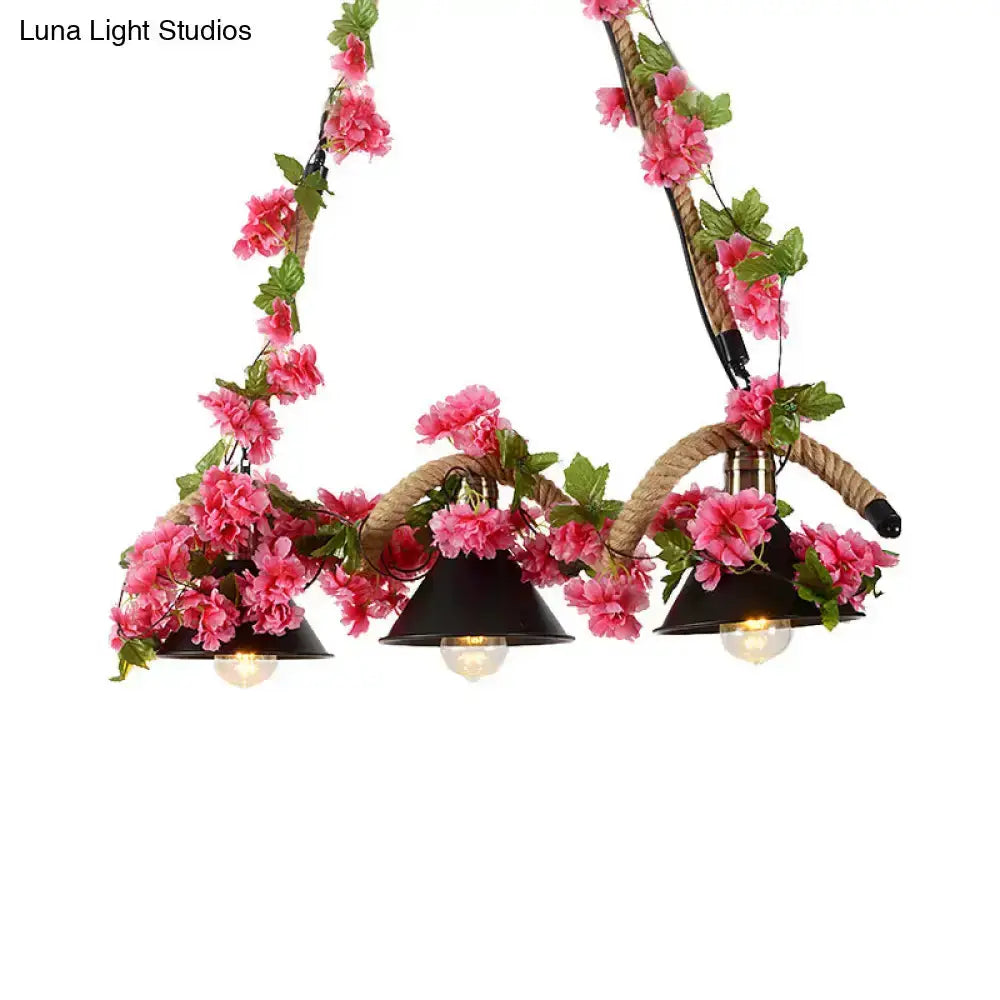 Floral black conical 3-light pendant with twisted rope and pink blossoms by Decorbites on Tampa Home & Garden Store