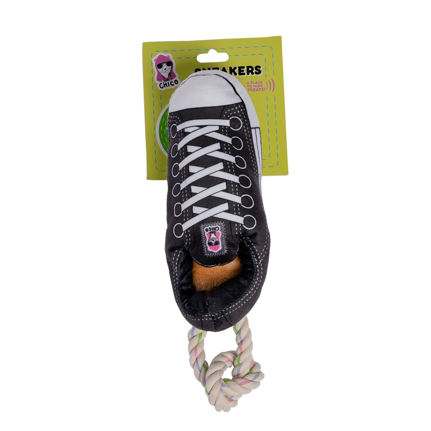 Jouet pour chien en peluche Squeaky Comfort Sneaker – avec compartiment à friandises, sûr et durable – Noir